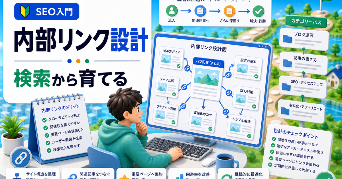 WordPress内部リンクとは？SEOで失敗しない設定と使い方の内容を表したアイキャッチ画像