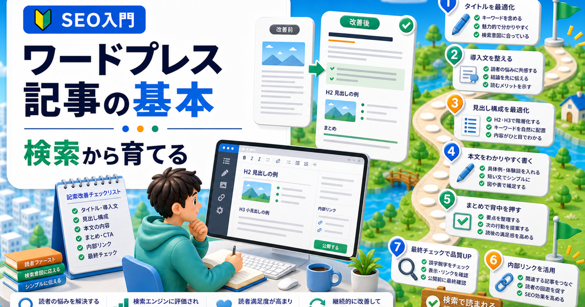ワードプレス記事の基本｜検索で読まれる記事に直す手順の内容を表したアイキャッチ画像