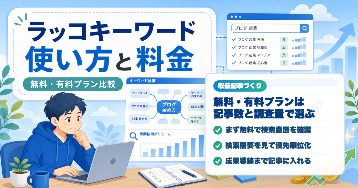 ラッコキーワードの使い方と料金を解説する人物入りアイキャッチ画像